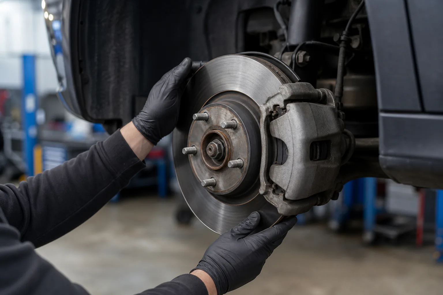 Close view of a brake disc and caliper during inspection