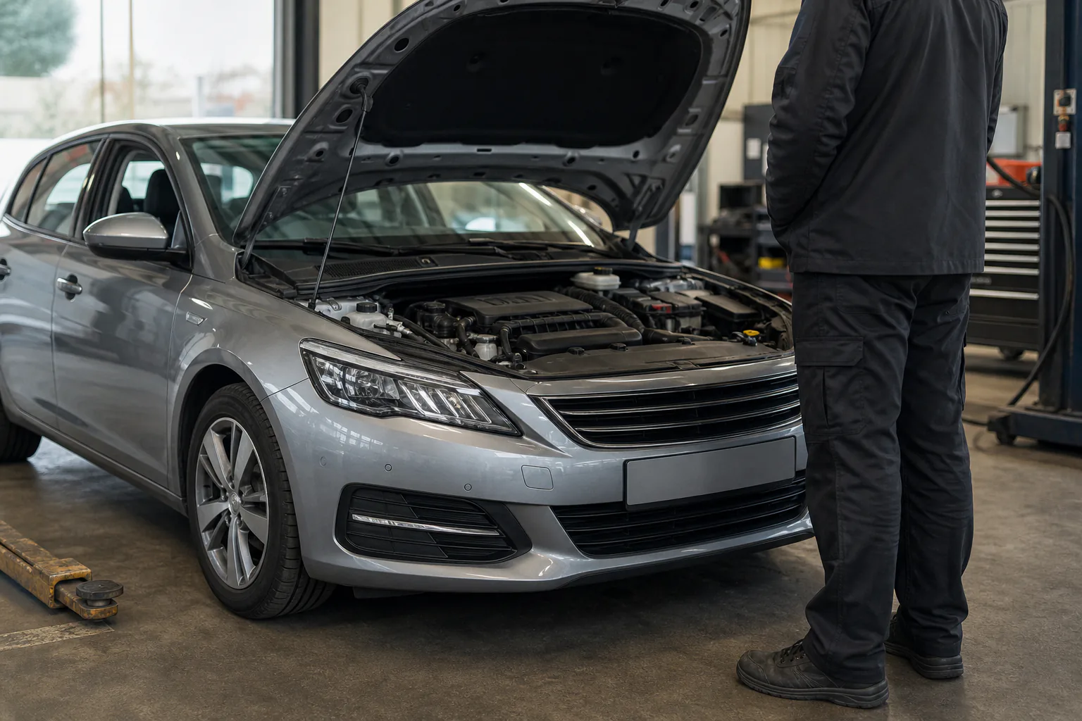 Mechanic beside an open car bonnet during a service in a generic workshop