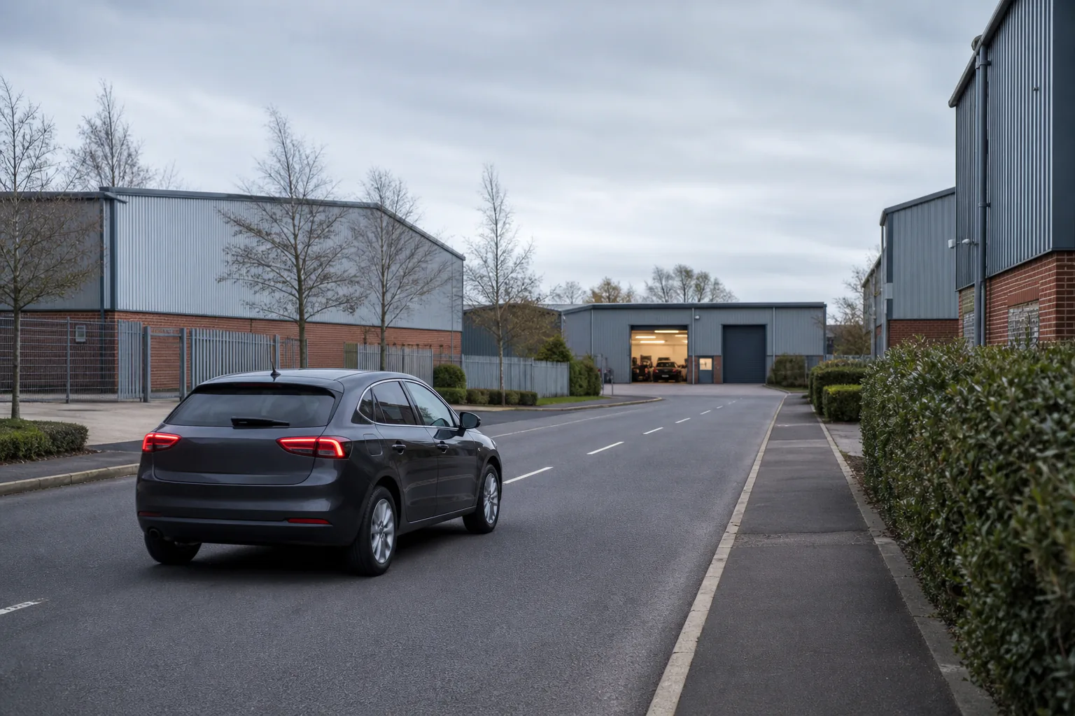 Generic car approaching an automotive workshop location on a UK industrial road