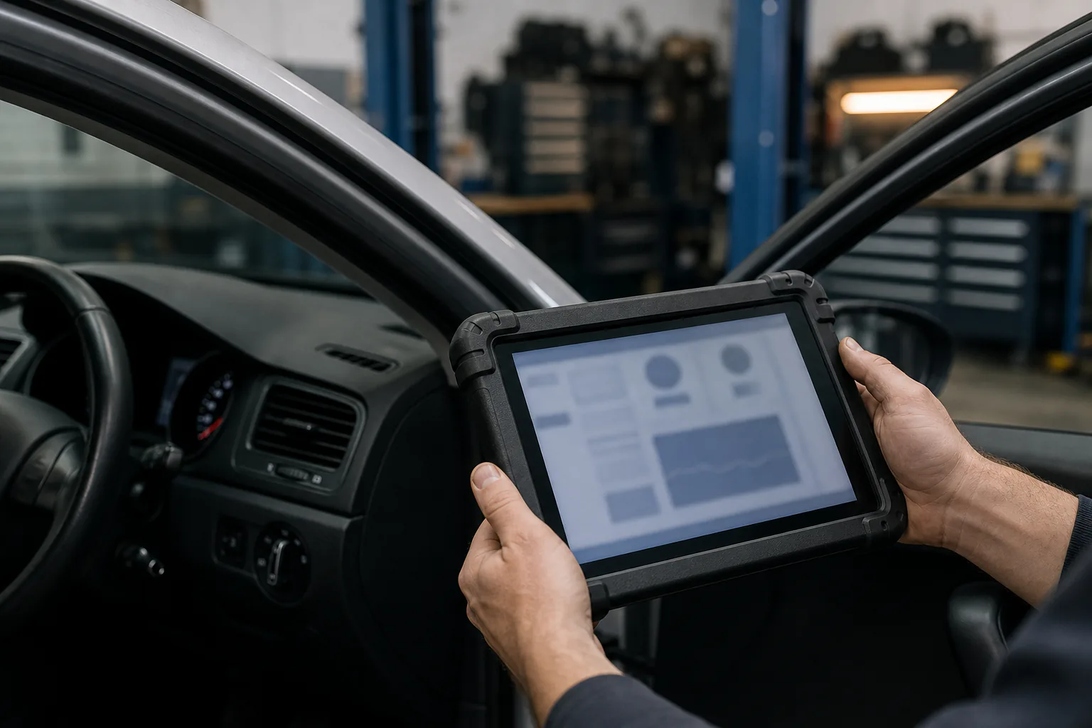 Technician using a diagnostic tablet beside a car in a generic workshop